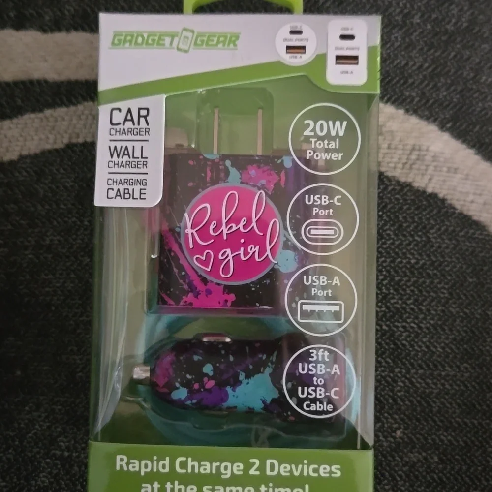 Gadget Gear Rebel Girl Car Wall Cable Charger usb-c usb -a 3ft cable 20 watt